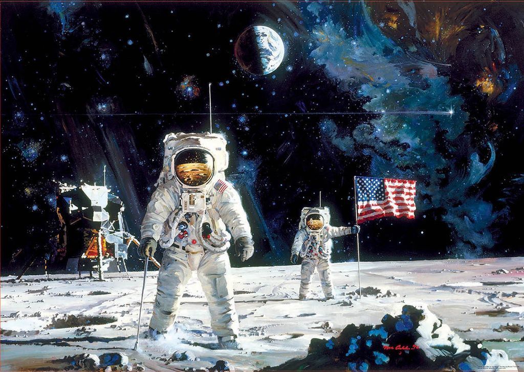 Two astronauts on the moon with a lunar lander and a large American flag against a star-filled space background.