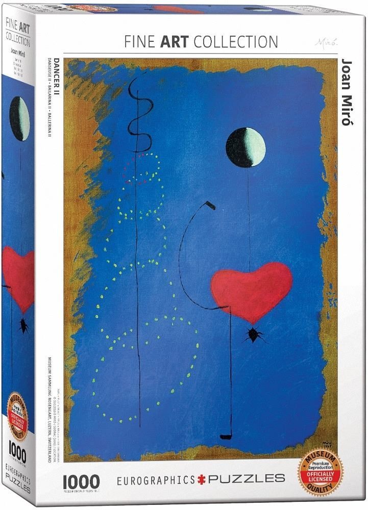 A surrealist painting by Joan Miró featuring a central red heart shape and abstract celestial forms on a blue field.