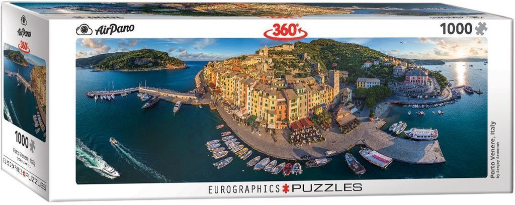 Panoramic aerial photograph of Portovenere, Italy, showing the colorful coastal village, marina, and surrounding sea.