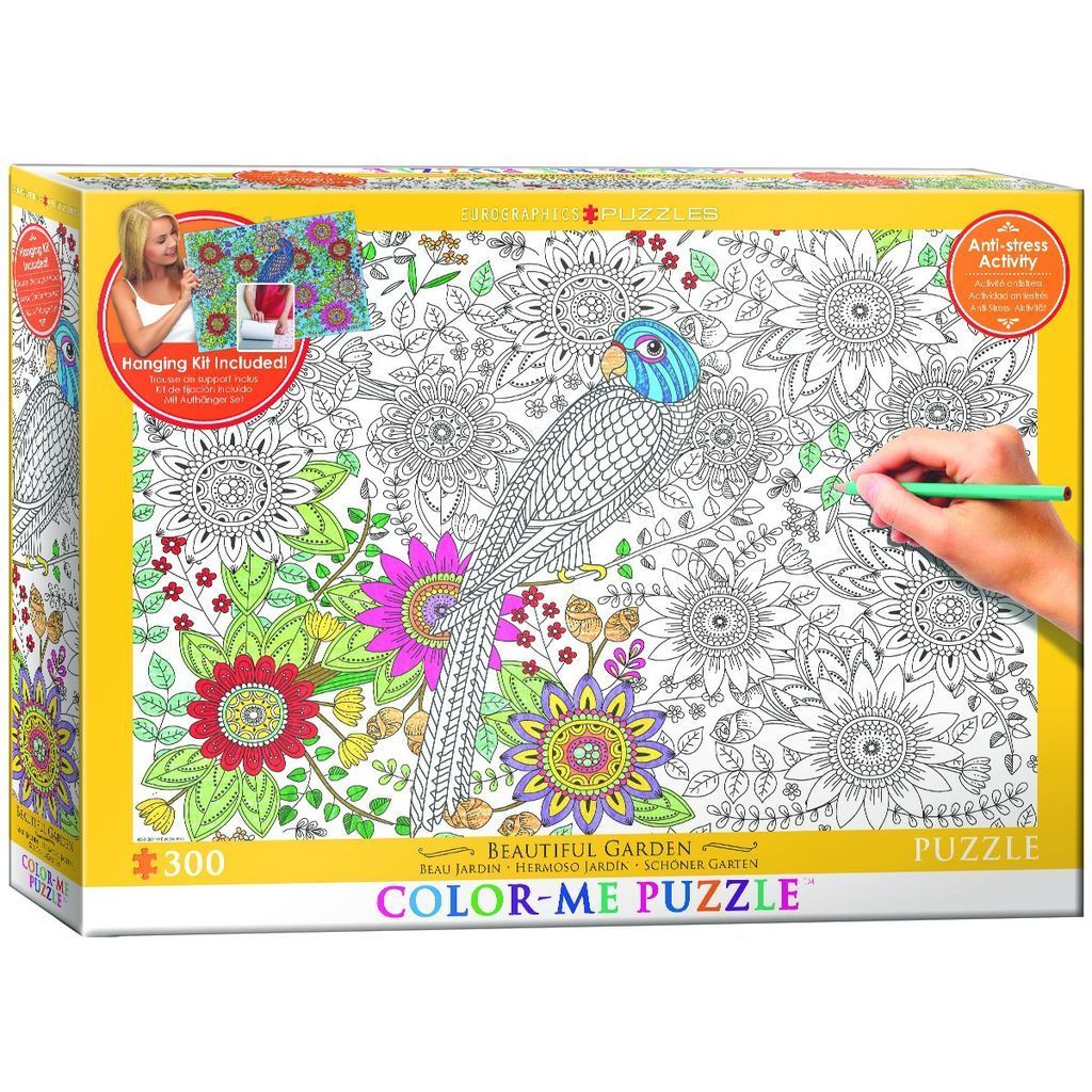 Coloring page style illustration of a bird in a garden with some elements colored in bright shades.