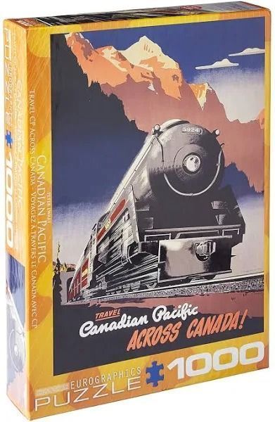 Vintage travel poster illustration of a Canadian Pacific steam locomotive traveling through mountain scenery.