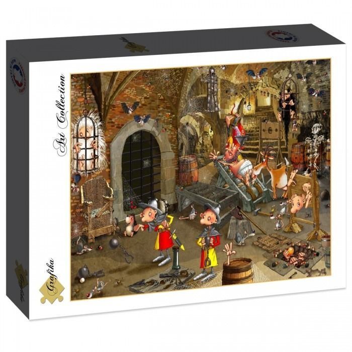A humorous cartoon illustration of a medieval dungeon filled with silly characters and torture devices.