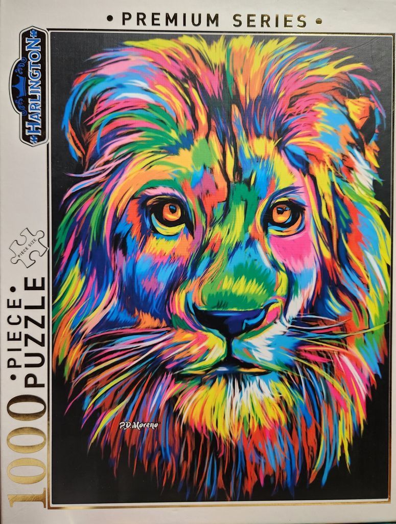 A vibrant, multi-colored portrait of a lion