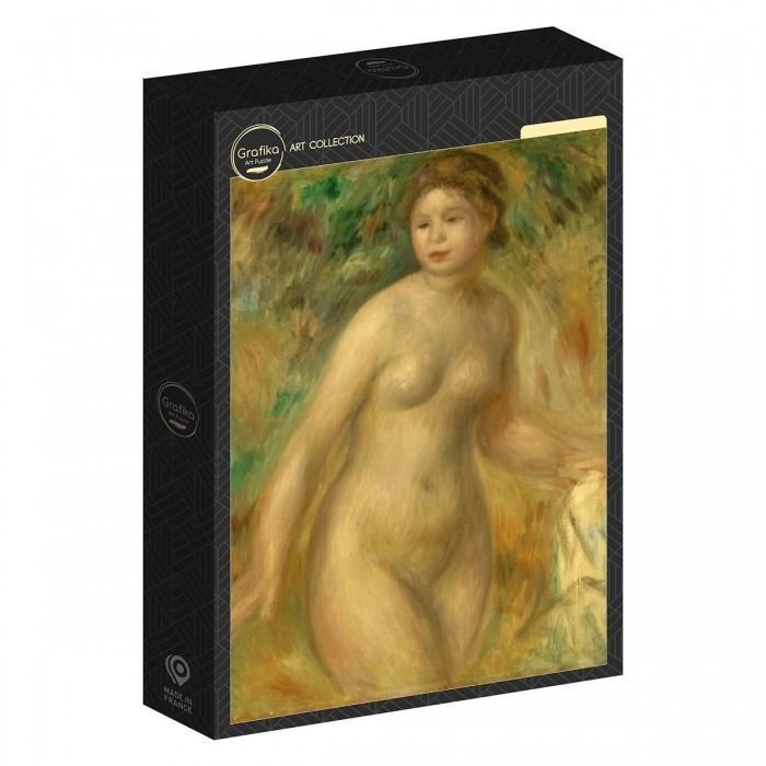 Oil painting of a nude woman standing in a lush, impressionistic garden setting.