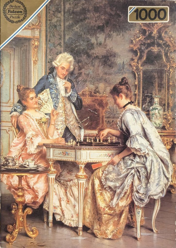 A romantic 18th-century scene of two women and a man playing chess in an ornate, opulent drawing room.