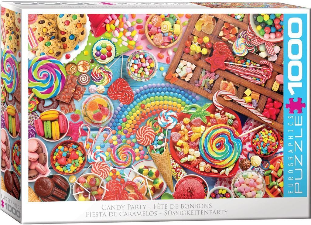 A vibrant assortment of various colorful candies, lollipops, cookies, and sweets arranged on a light blue wooden surface.