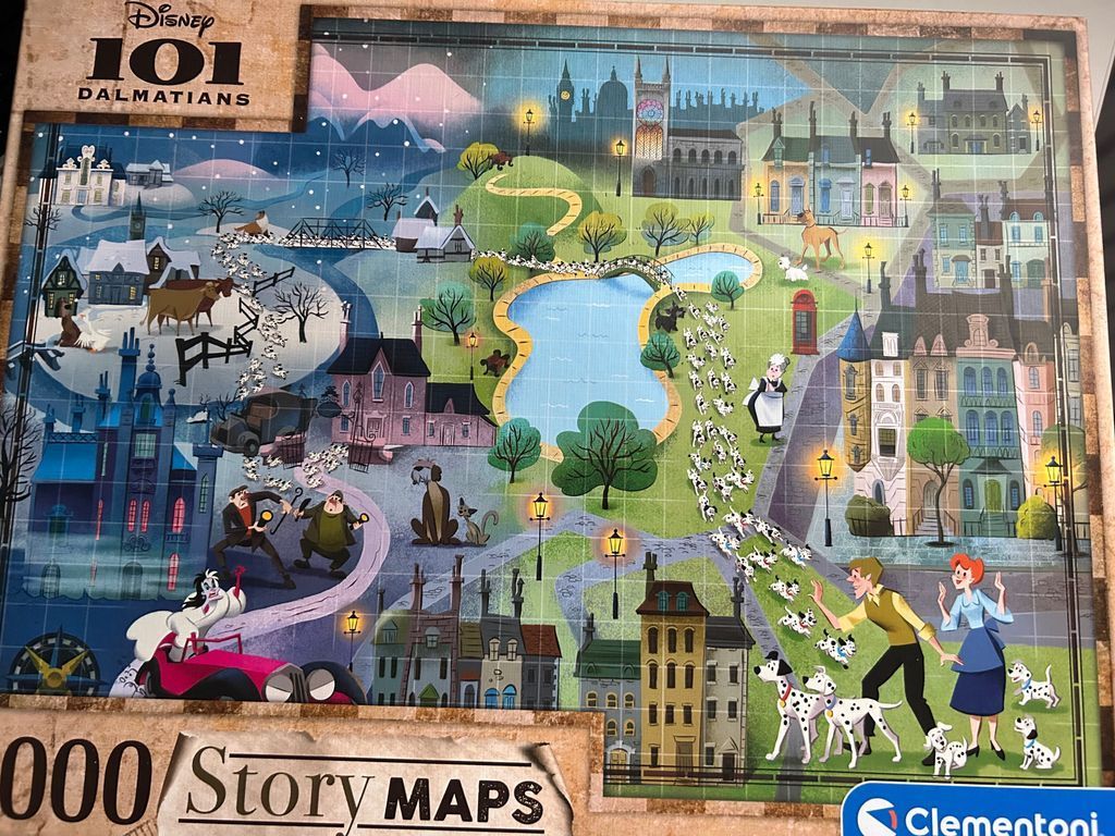 An illustrated map of the 101 Dalmatians movie scene showing characters, houses, and a winding path.