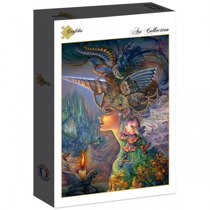 Fantasy portrait of a winged unicorn-woman in profile with a candle, a vibrant cityscape, and floral details.