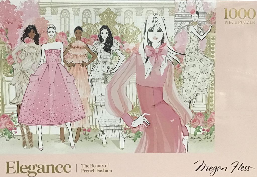 Fashion illustration of five elegant women in pink and white dresses set against a Paris background.