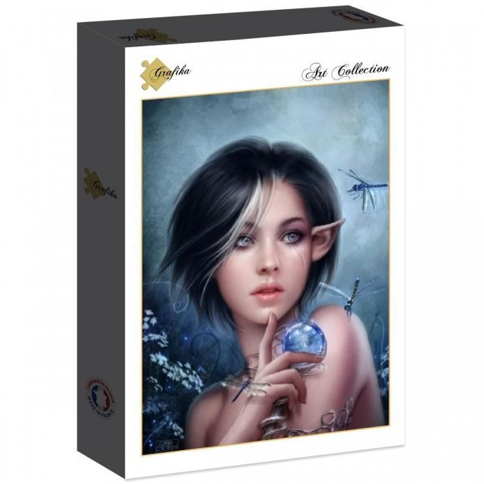 A digital illustration of a young elf with short dark hair holding a glowing blue orb, surrounded by dragonflies.