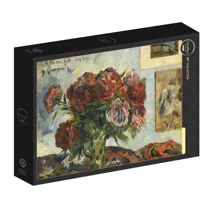A still life painting of a bouquet of deep red peonies in a patterned vase against a pale blue wall.