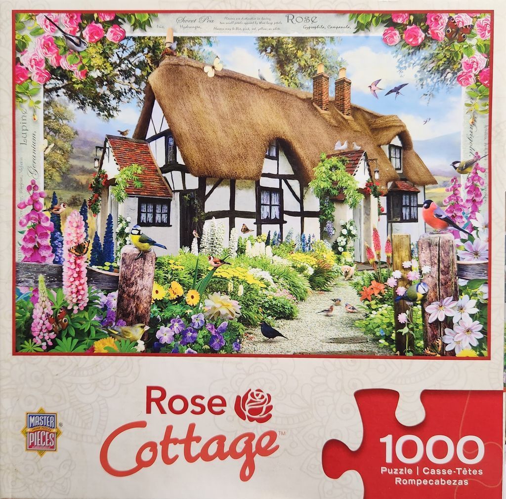 A thatched-roof English cottage surrounded by a lush garden filled with flowers and wild birds.