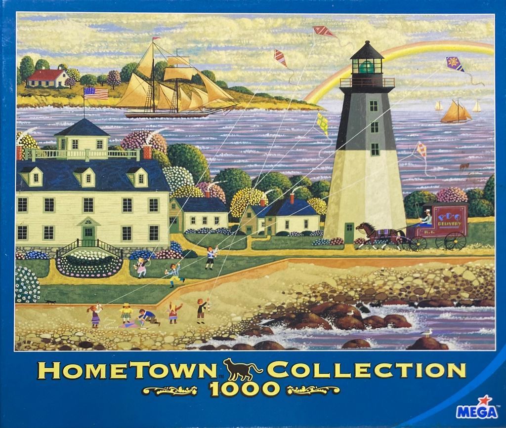 A whimsical seaside town scene featuring a large house, a lighthouse, a sailing ship, and children flying kites.