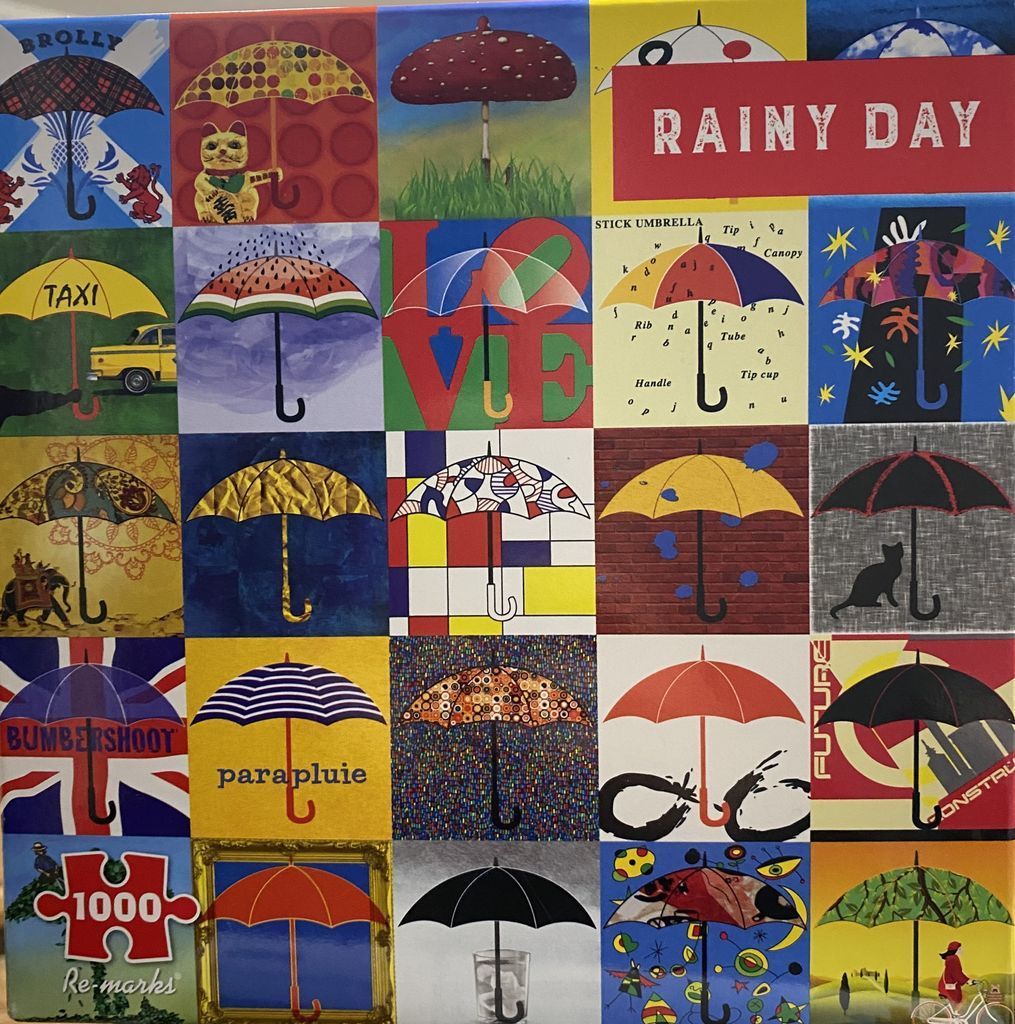 A grid of twenty-five unique square panels, each featuring a different artistic style of umbrella.