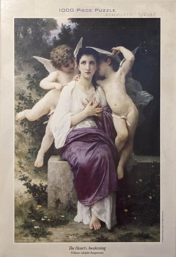 A Neoclassical painting of a young woman seated on a stone ledge, flanked by two small winged putti.