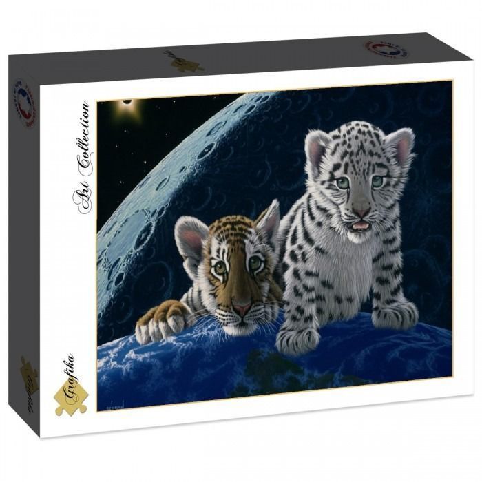 A digital illustration of a tiger cub and a snow leopard cub sitting on a globe against a backdrop of the moon.