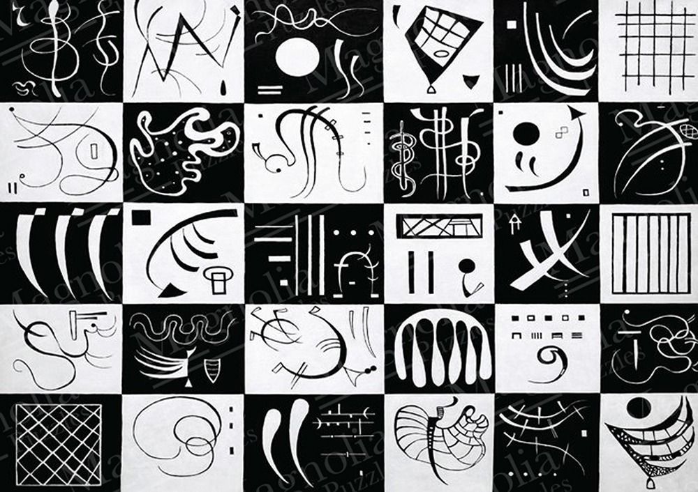 A grid of thirty squares featuring abstract black and white modernist designs