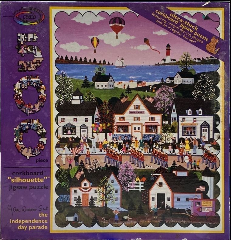 Folk art scene of an Independence Day parade in a small coastal town.