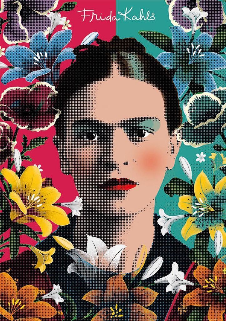 Portrait of Frida Kahlo surrounded by colorful flowers against a split red and teal background.