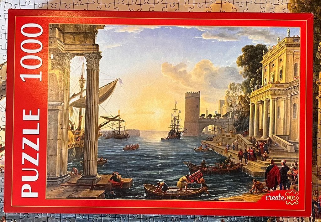 A classical oil painting of a Mediterranean harbor scene featuring ancient architecture and ships at sunset.
