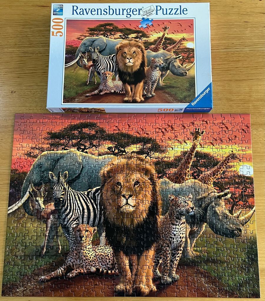 A group of African savanna animals including a lion, elephant, zebra, and giraffe at sunset.