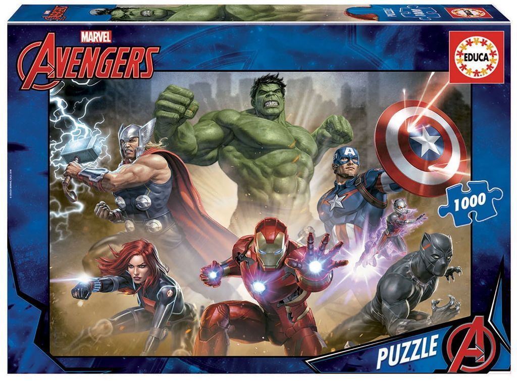 Six Marvel Avengers characters including Hulk, Iron Man, Thor, and Captain America in an action-packed illustration.