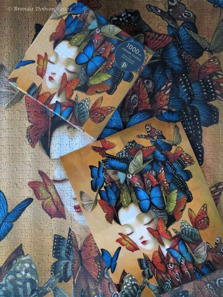 Illustration of a woman with closed eyes adorned with a vibrant headdress of butterflies, partially covered by packaging.