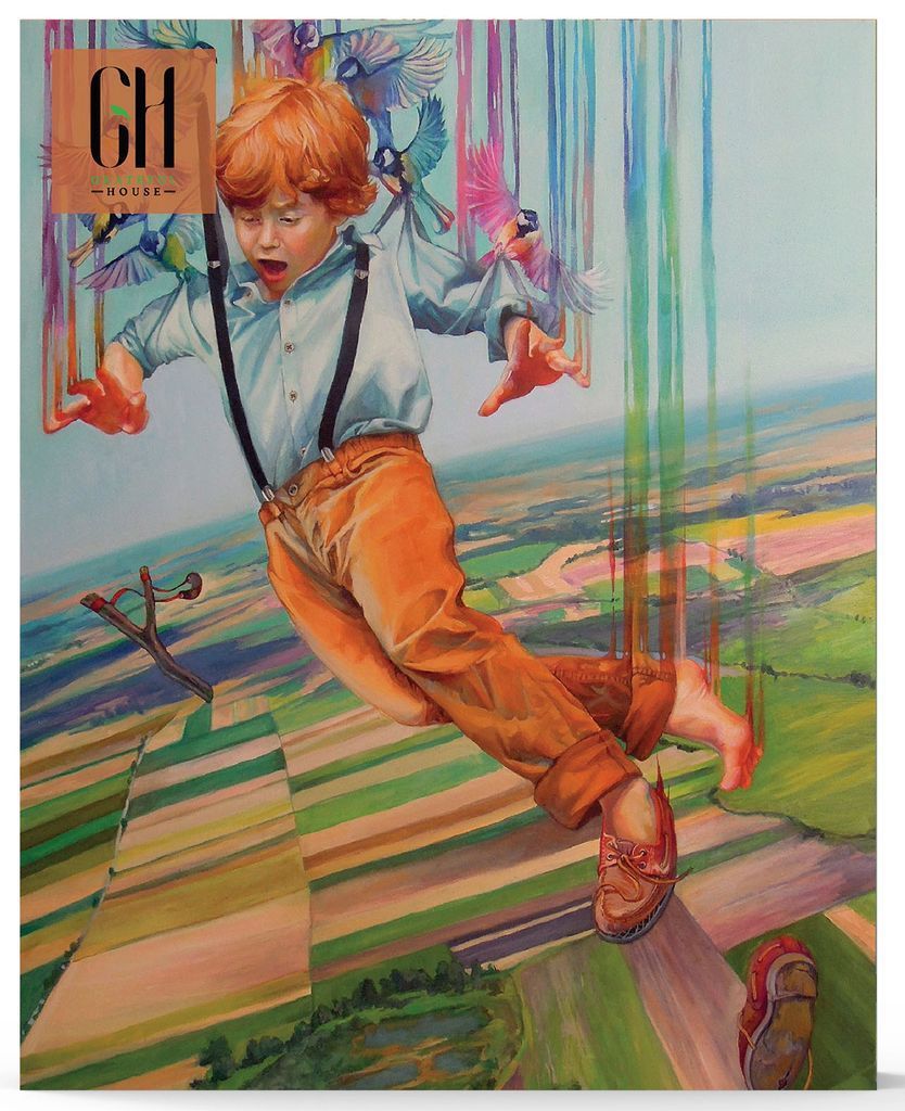 A surreal illustration of a red-haired boy flying over a rural landscape, surrounded by colorful, paint-dripping birds.