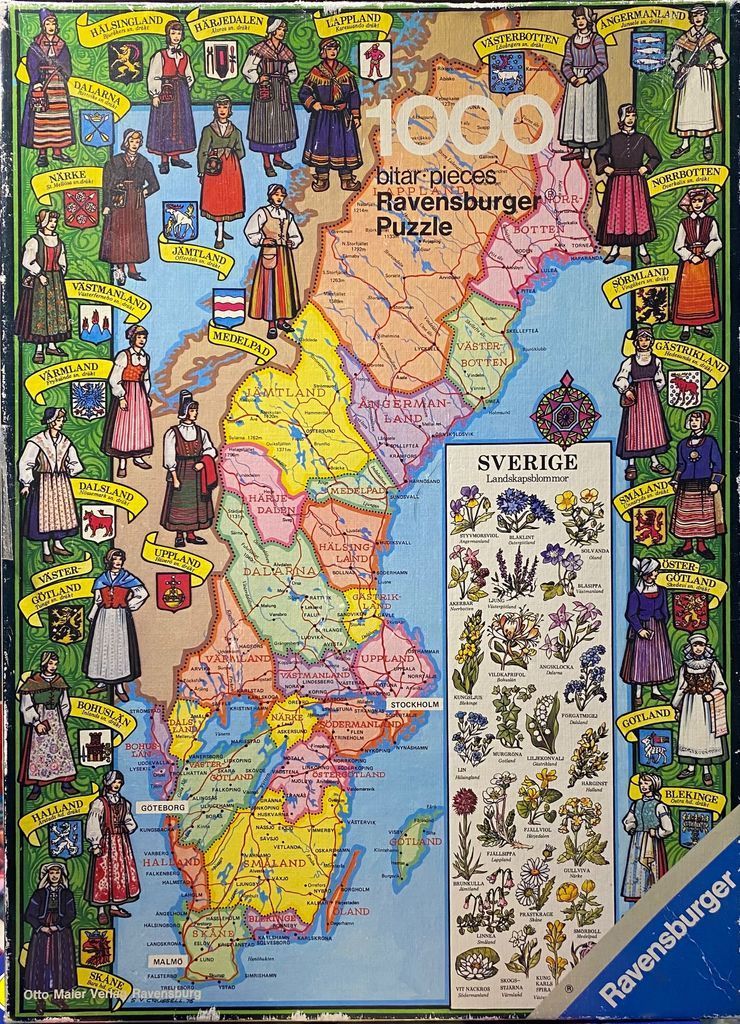An illustrated map of Sweden surrounded by regional costumes and flora.