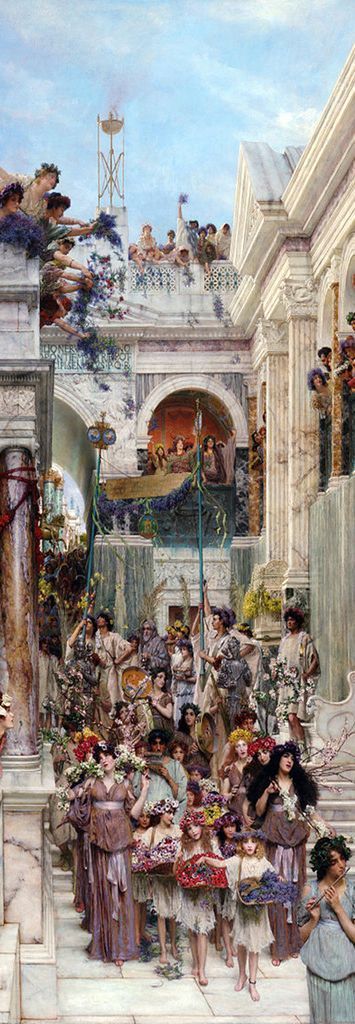 An elaborate, classical-style street procession with women in robes carrying flowers through marble columns.