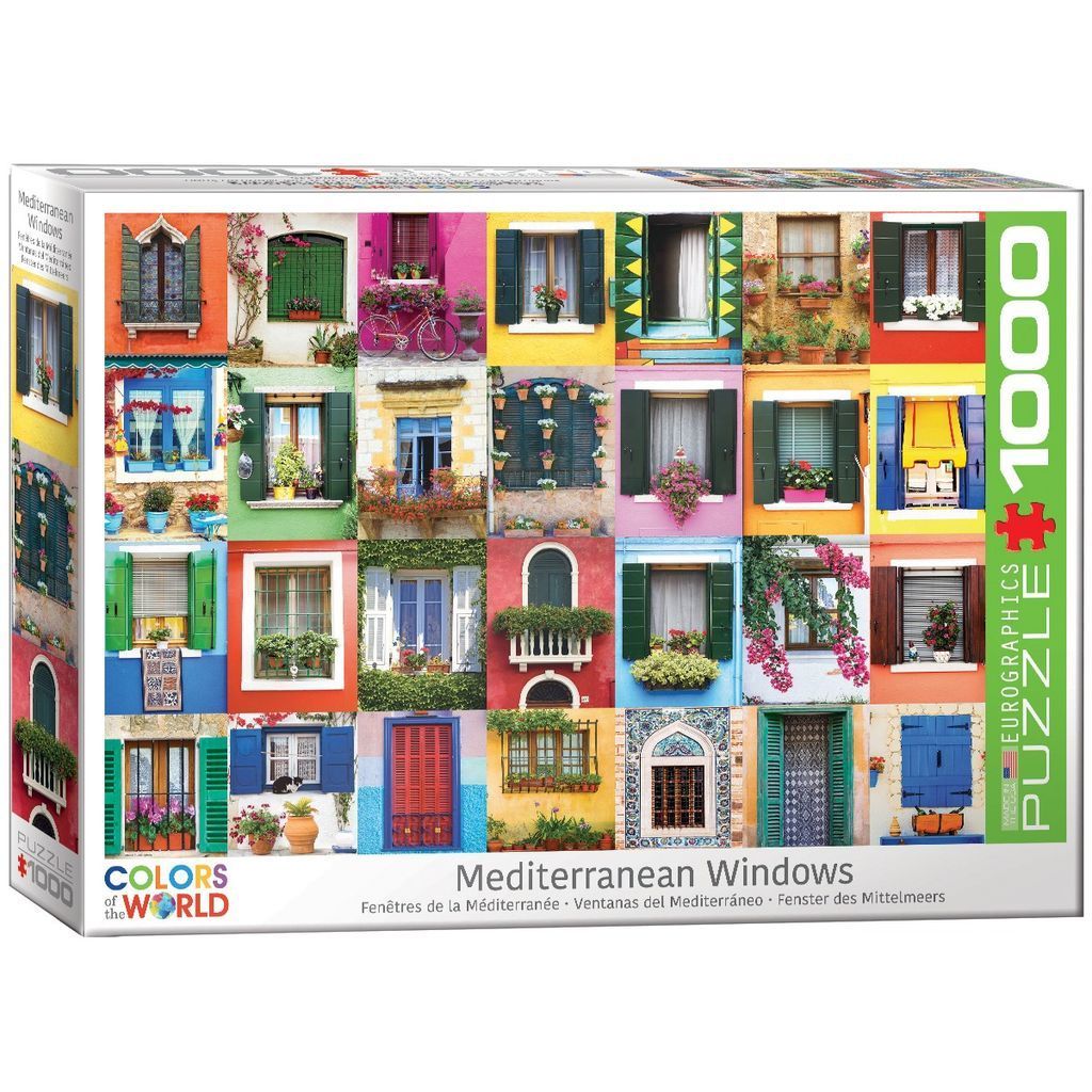 A collage of various colorful Mediterranean-style windows adorned with flowers and shutters.