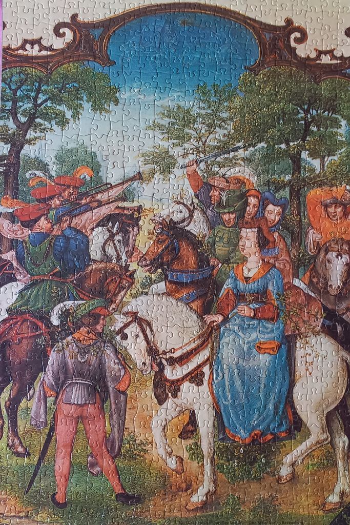 Renaissance-style painting of a hunting party on horseback in a wooded clearing.