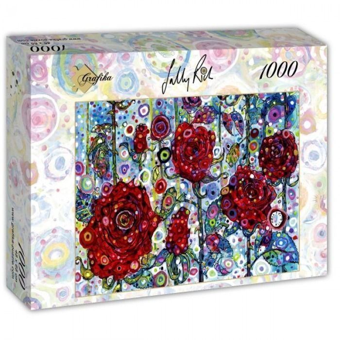 Whimsical painting of vibrant red roses against a dotted, circular background by Sally Rich.
