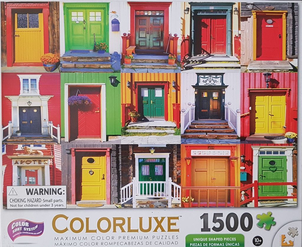 A collage of fifteen colourful, traditional doors in a grid layout.