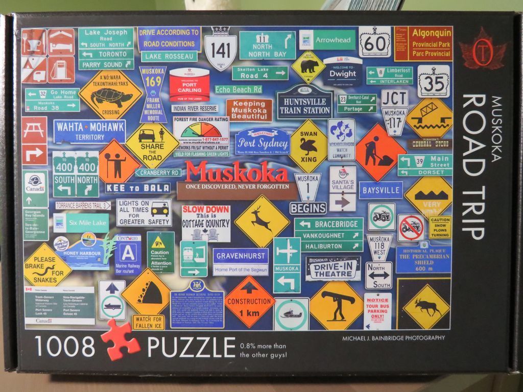 A collage of various road signs from the Muskoka region in Ontario.
