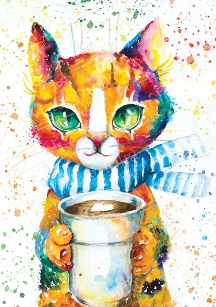 Watercolor-style illustration of an orange tabby cat wearing a blue striped scarf and holding a warm beverage.