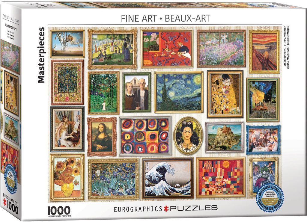 A collection of world-famous fine art paintings displayed in a gallery-style collage.