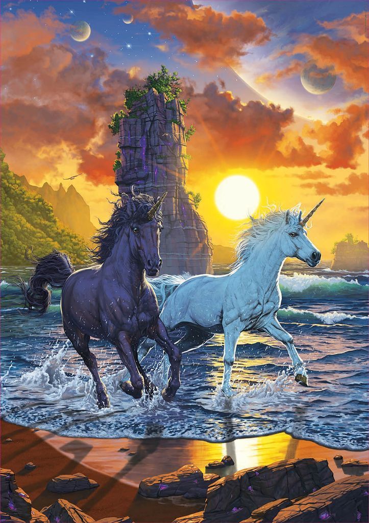 A black unicorn and a white unicorn running through surf against a sunset sky with a towering rock formation.