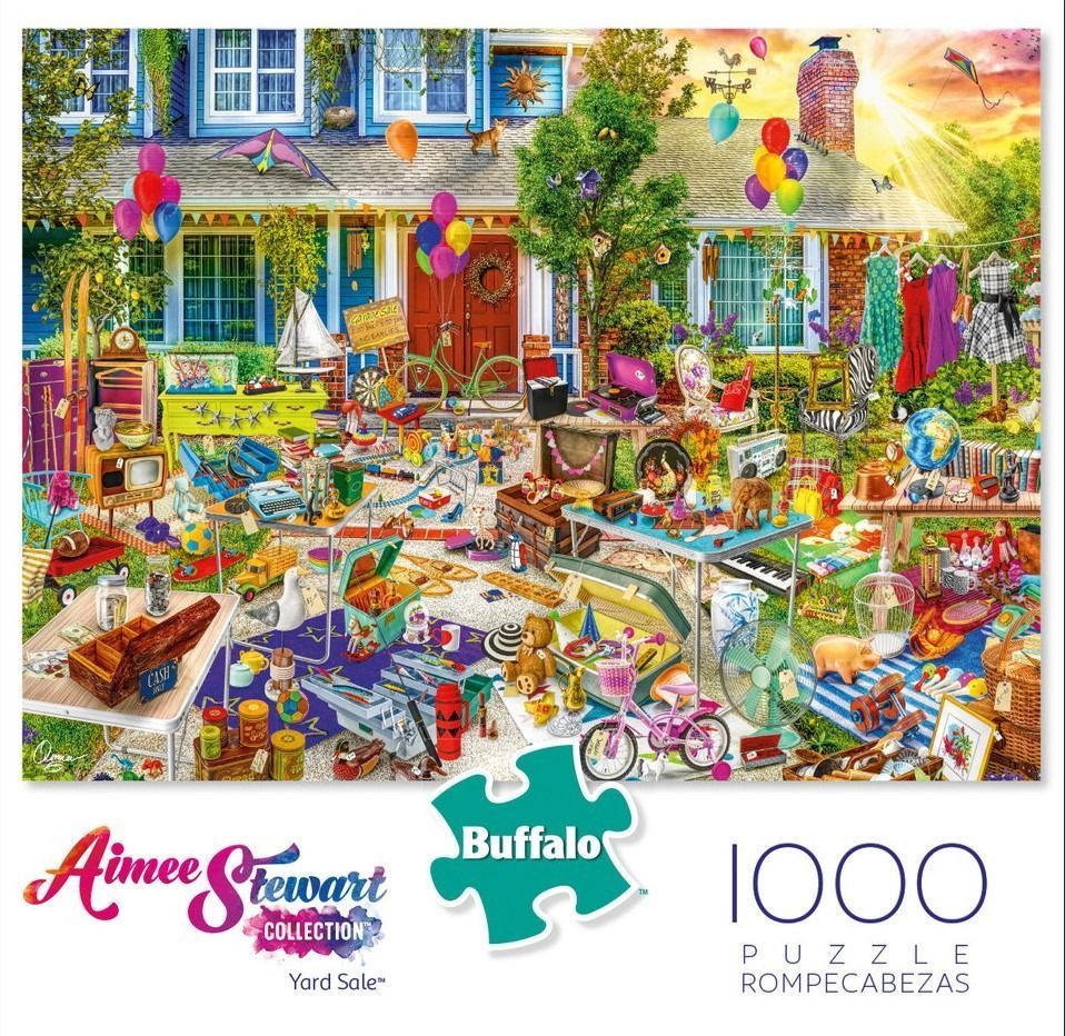 A colourful, busy yard sale in front of a house, filled with assorted antiques, vintage items, and household goods.