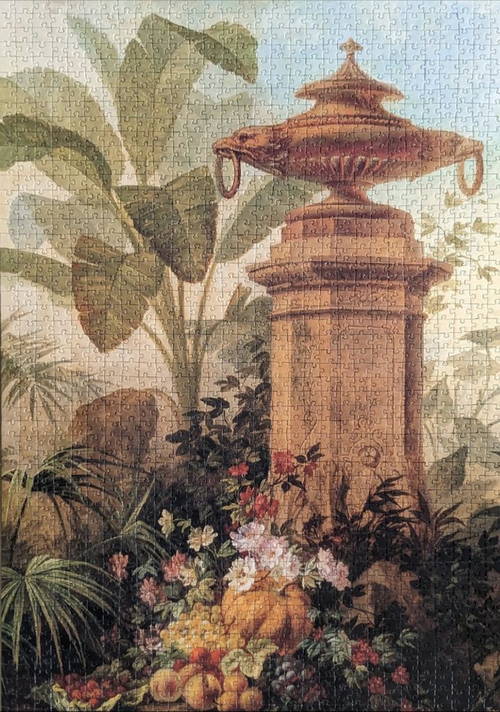 An illustration of a classic stone pedestal topped with a decorative urn, surrounded by lush tropical plants and fruit.