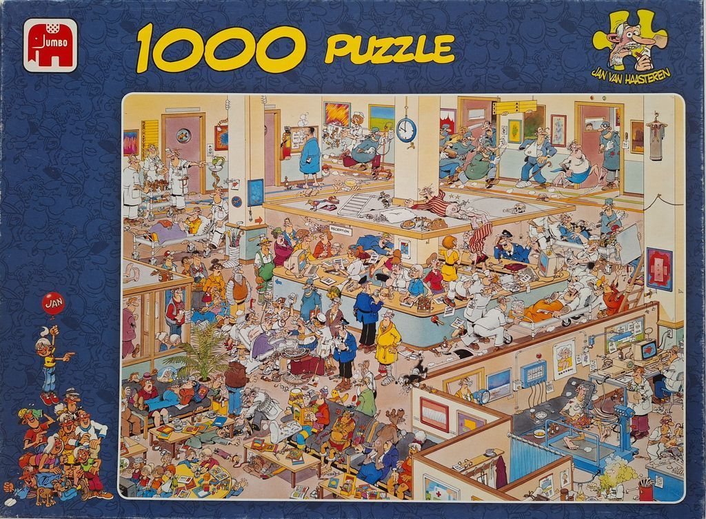 Chaotic cartoon illustration of a bustling hospital interior filled with comical patients and medical staff.