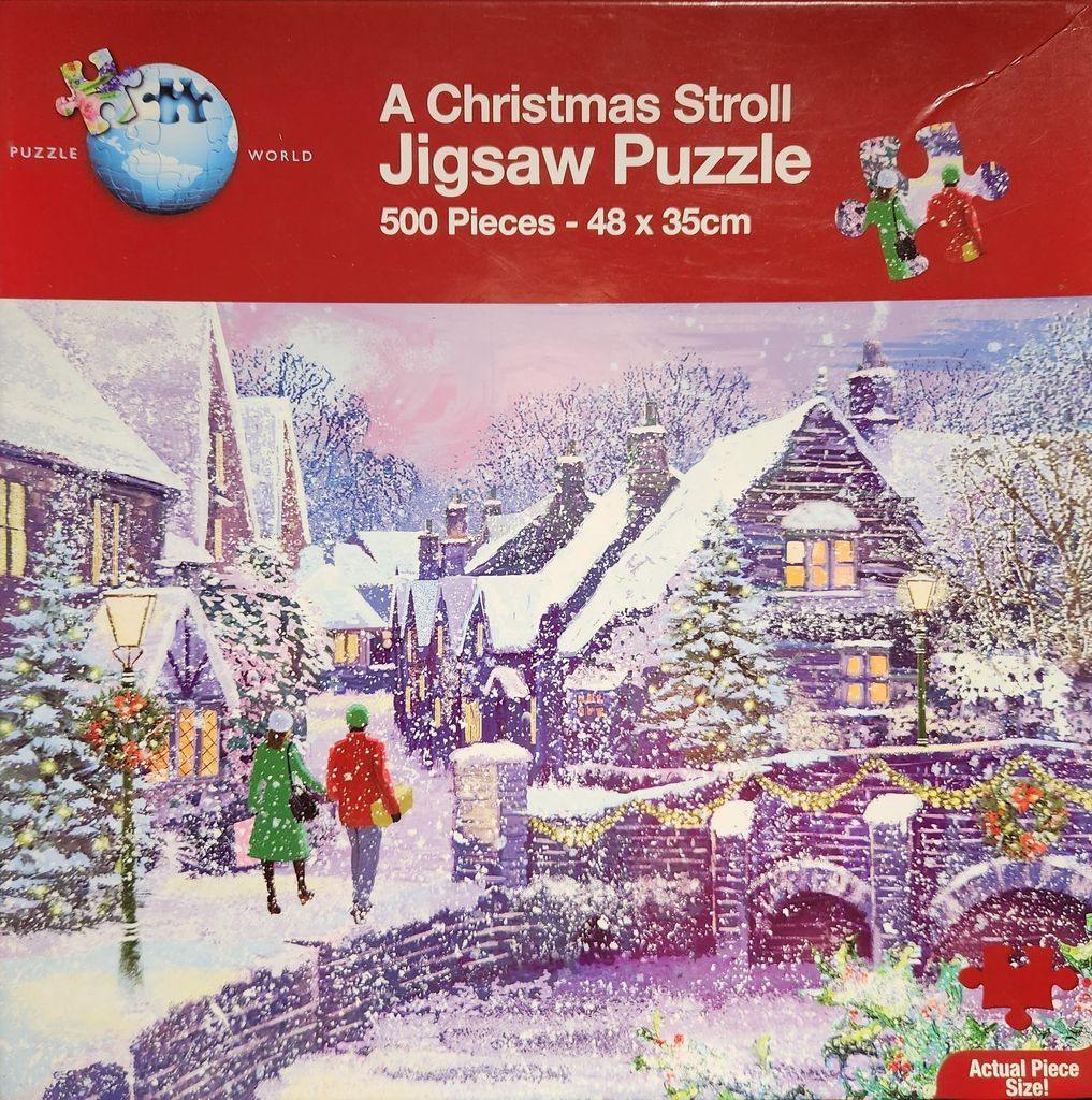 An illustration of a snowy English village at night with a couple walking over a bridge under Christmas lights.