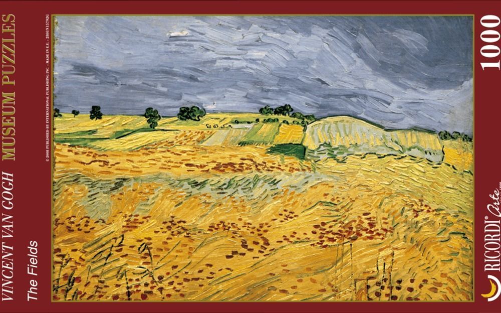 An oil painting of golden wheat fields under a stormy, turbulent grey sky, in the post-impressionist style.