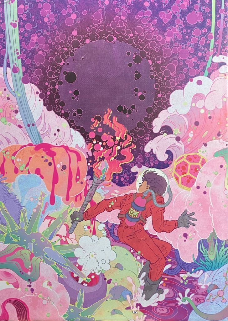 An astronaut in a red suit carries a glowing torch through a vibrant, surreal alien landscape of pink and purple.