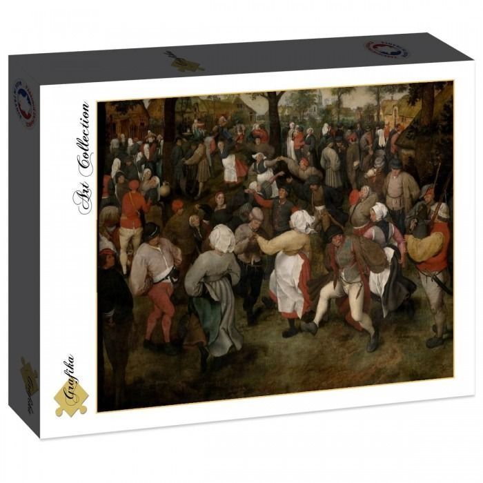 Painting of a large group of 16th-century peasants dancing in an outdoor village setting.