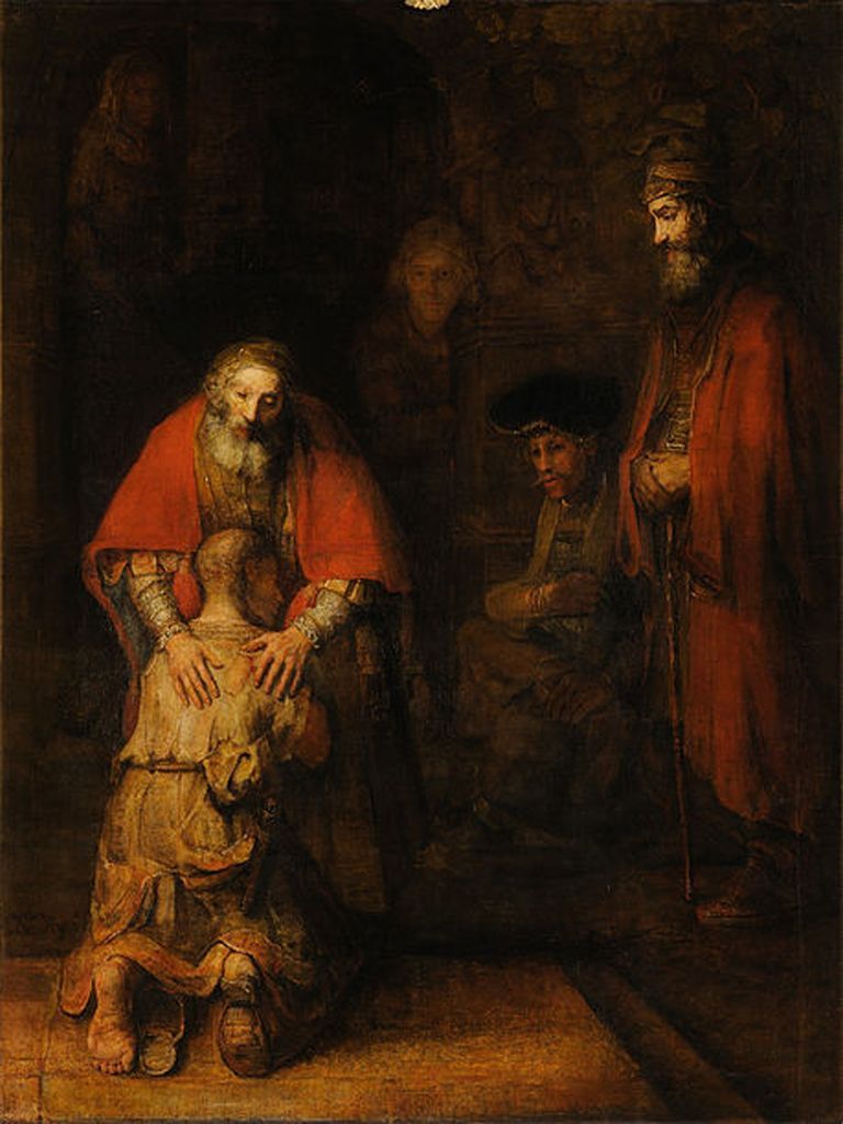 An elderly man with a long beard embraces a kneeling, shabbily dressed youth in a dark, atmospheric setting.