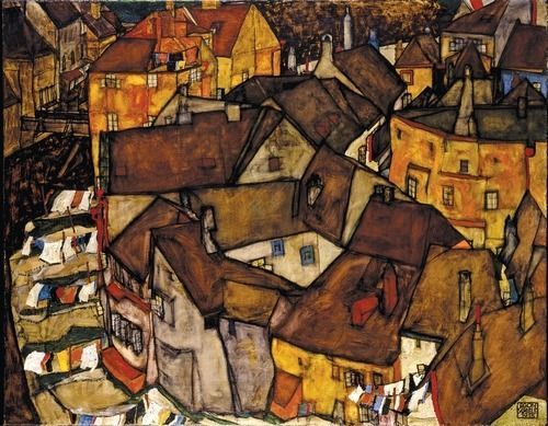 An expressionist painting of a dense, multi-storied townscape with steep brown roofs and laundry hanging out.