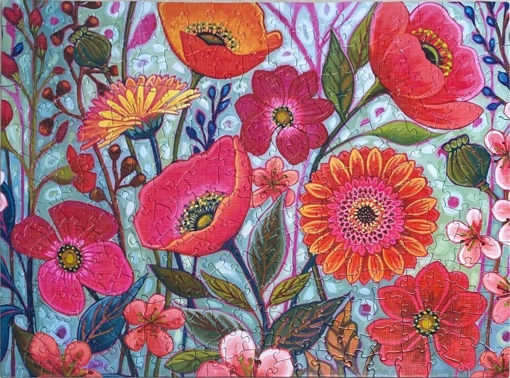A vibrant, stylized botanical illustration featuring a dense arrangement of colorful poppies and daisies.