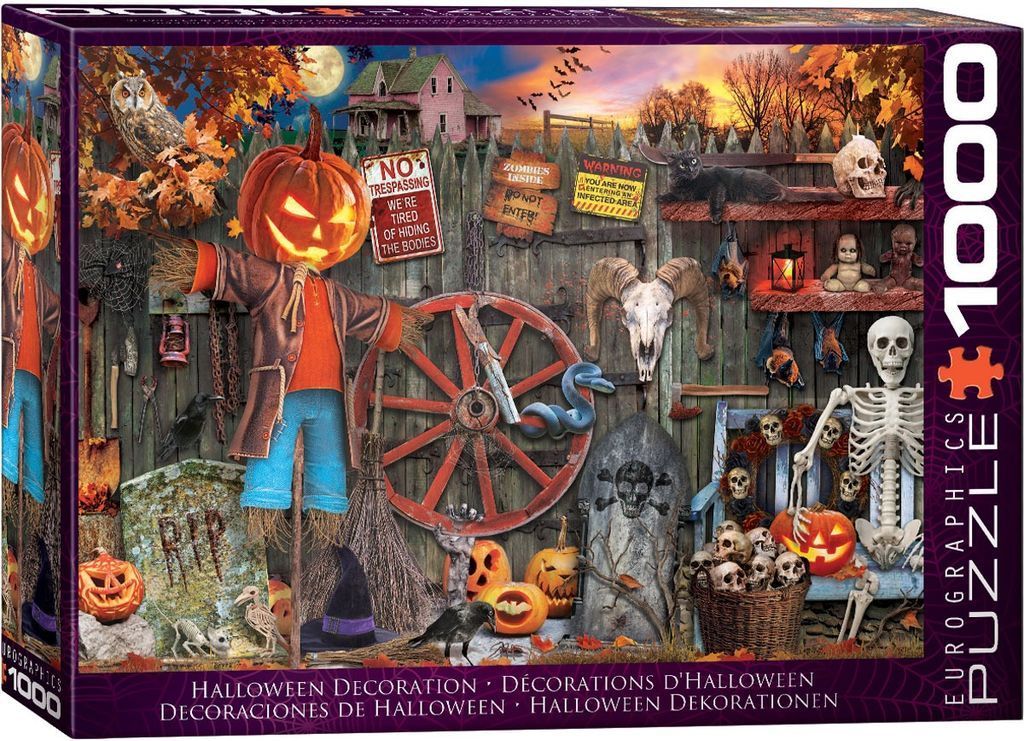 A spooky Halloween scene featuring a scarecrow, skeleton, and various autumnal decorations against a wooden fence.
