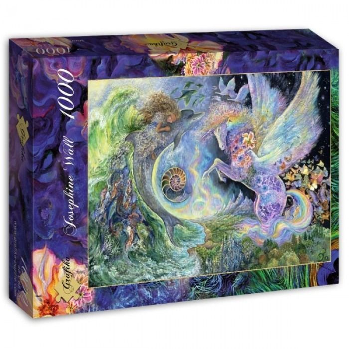 Fantasy illustration of a girl riding a dolphin facing a winged unicorn in a mystical, swirling landscape.